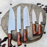 5 Piece Custom Handmade Stainless Steel Kitchen Knives Set with Leather Roll and Rosewood Handles" by KBS Knives Store