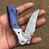 Custom Handmade Damascus Steel Unique Folding Pocket Knife with Colored Bone Handle and Leather Case by KBS Knives Store
