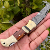 Custom Handmade Damascus Steel Small Folding Pocket Knife with Bone, Rosewood, and Brass Bolsters Handle