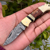 Custom Handmade Damascus Steel Small Folding Pocket Knife with Bone, Rosewood, and Brass Bolsters Handle
