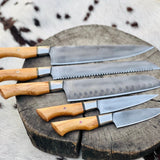 Custom Handmade Acid Washed Stainless Steel Kitchen Knife Set with Olive Wood Handle and Leather Roll - 5 Pieces by KBS Knives Store