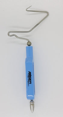 Whip finisher tool with blue handle and curved metal needle, pointed end