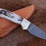 Custom Handmade California Coyote Cowboy Knife | Damascus Blade | Antler Horn-Brass Bolster Handle | 6.25 Inches | Leather Sheath | KBS Knives Store