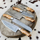5 Piece Custom Handmade Acid Washed Stainless Steel Kitchen Knives Set with Leather Roll and Burly Wenge Wood Handles" by KBS Knives Store
