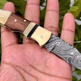 Custom Handmade Damascus Steel Small Folding Pocket Knife with Bone, Rosewood, and Brass Bolsters Handle