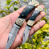 Pair of Custom Handmade Damascus Steel Folding Pocket Knives with Buffalo Horn and Engraved Brass Bolsters Handle