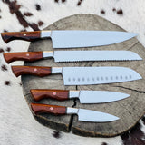 5 Piece Custom Handmade Stainless Steel Kitchen Knives Set with Leather Roll and Rosewood Handles" by KBS Knives Store