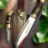 Outback Dual Edge Set – 16" D2 Forged Steel Bowie Knife & Damascus Folding Pocket Knife with Leather Sheath