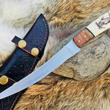 Stainless Steel Handmade Fillet-Boning Knife with Rose Wood and Engraved Bone Handle