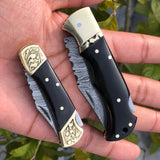 Pair of Custom Handmade Damascus Steel EDC Folding Pocket Knives with Leather Case by KBS Knives Store.