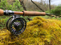 Fishing rod and reel combo with dark reel, green spool, and cork-handled rod