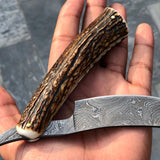 Premium Damascus Steel Straight Razor with Full-Scale Antler Horn Handle and Leather Case - KBS Knives Store Exclusive