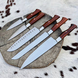 5 Piece Custom Handmade Stainless Steel Kitchen Knives Set with Leather Roll and Rosewood Handles" by KBS Knives Store
