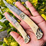 Pair of Custom Handmade Damascus Steel Folding Pocket Knives with Bone and Engraved Brass Bolsters Handle