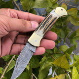 Custom Handmade Damascus Steel Folding Pocket Knife with Antler Horn and Brass Bolsters Handle and Leather Case - For Sale by KBS Knives Store