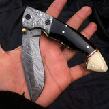 Custom Handmade Damascus Steel Folding Pocket Knife with Bone and Buffalo Horn Handle - 3.34 inch Blade Length by KBS Knives Store