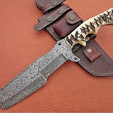 Artisan-Crafted Raindrop Damascus Tanto Blade Tracker Knife with Sheep Horn Handle