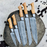 Custom Handmade Acid Washed Stainless Steel Kitchen Knife Set with Olive Wood Handle and Leather Roll - 5 Pieces by KBS Knives Store