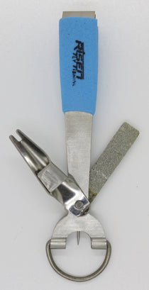 Metal nippers multi-tool with blue fabric grip and locking ring handle