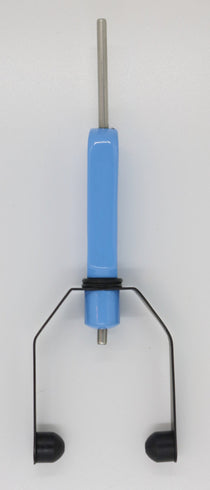 Ceramic bobbin winder with blue body, metal stand, and two black side grips