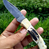 Custom Handmade Damascus Steel Folding Pocket Knife with Antler Horn, Bone, and Brass Bolster Handle and Leather Case