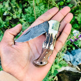 Custom Handmade Damascus Steel Folding Pocket Knife with Rosewood, Antler Horn, and Brass Bolster Handle and Leather Case