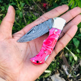 Custom Handmade Damascus Steel Top Best Folding Pocket Knife with Epoxy Resin Handle and Leather Case by KBS Knives Store.