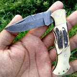 Custom Handmade Damascus Steel Folding Pocket Knife with Antler Horn, Bone, and Brass Bolster Handle and Leather Case