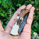Custom Handmade Damascus Steel Folding Pocket Knife with Rosewood, Antler Horn, and Brass Bolster Handle and Leather Case
