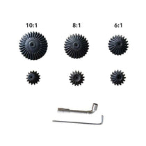 Drive gear kit: six steel gears (6:1, 8:1, 10:1) plus two L wrenches