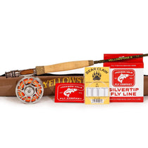 Fly rod with cork grip, plus reel, line package, and Yellowstone fly line box