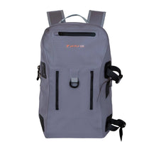 Gray waterproof backpack with top handle, front buckles, and adjustable straps