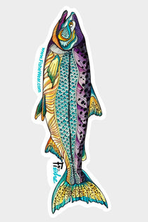 Kaleido King fish sticker, colorful scales and purple fin, white outline border