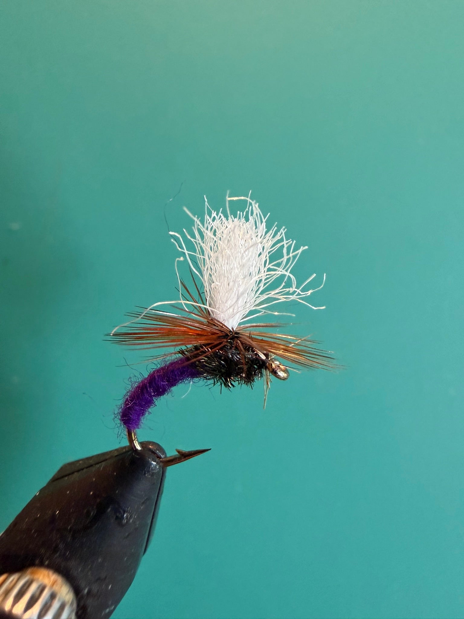 Fishing fly lure with white deer-hair body and purple tail on barbed hook