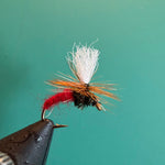 Fishing fly lure with white deer-hair body and red hackle on barbed hook