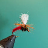 Fishing fly lure with white deer-hair body and red hackle on barbed hook