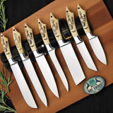 Legacy Bone Series – 7-Piece Stainless Knife Set with Engraved Bone Handles & Steel Bolsters