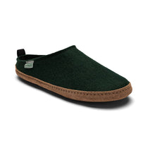 Pine green wool indoor slides with tan rubber sole and rear pull tab