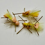 Larimeers Yellow Sally fly lure with yellow feathers and tinsel, foam body and hook