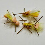 Larimeers Yellow Sally fly lure with yellow feathers and tinsel, foam body and hook