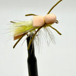 Larimeers Yellow Sally fly lure with yellow feather skirt and foam head, metal hook