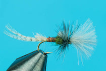 Dry fly fishing lure with feather wings, green body, and dark hook