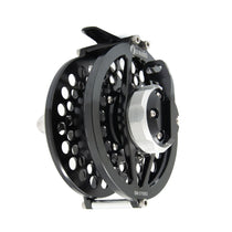 Fishing fly reel with black lever-drag frame and silver spool face