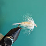 Fishing fly lure with dark segmented body and white/cream feather tail