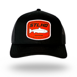Black STLHD trucker cap with front oval patch logo and orange border