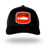 Black STLHD trucker cap with front oval patch logo and orange border