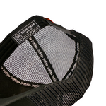 Black STLHD trucker cap showing interior mesh and stitched lining