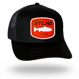 Black STLHD trucker cap with front patch logo and orange-trim details