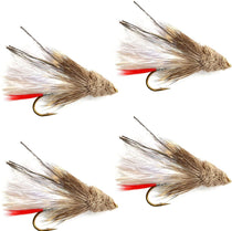White-brown marabou streamer flies with red tail, hook size 8 (4-pack)