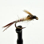 Brown feather fishing fly with red thread accents and gold hook
